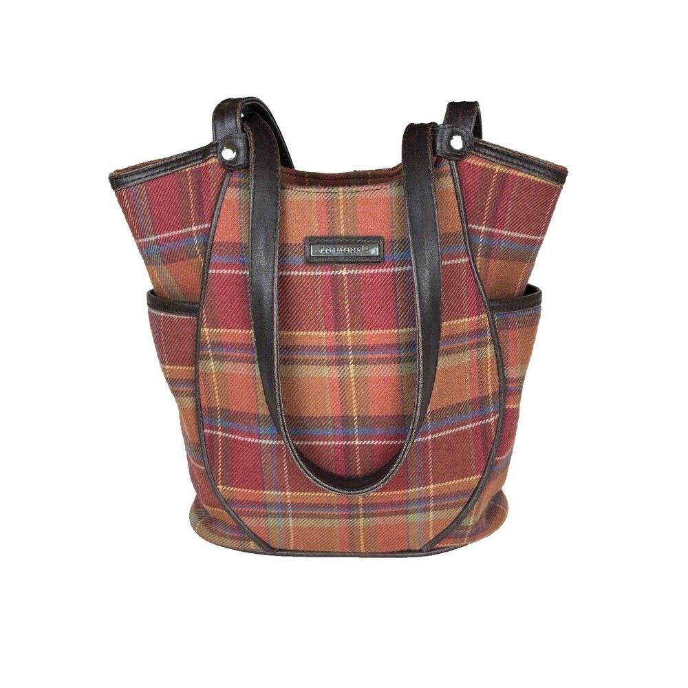 Longaberger Homestead Toboso Shoulder Leather Straps Plaid Autumn Preppy Bag